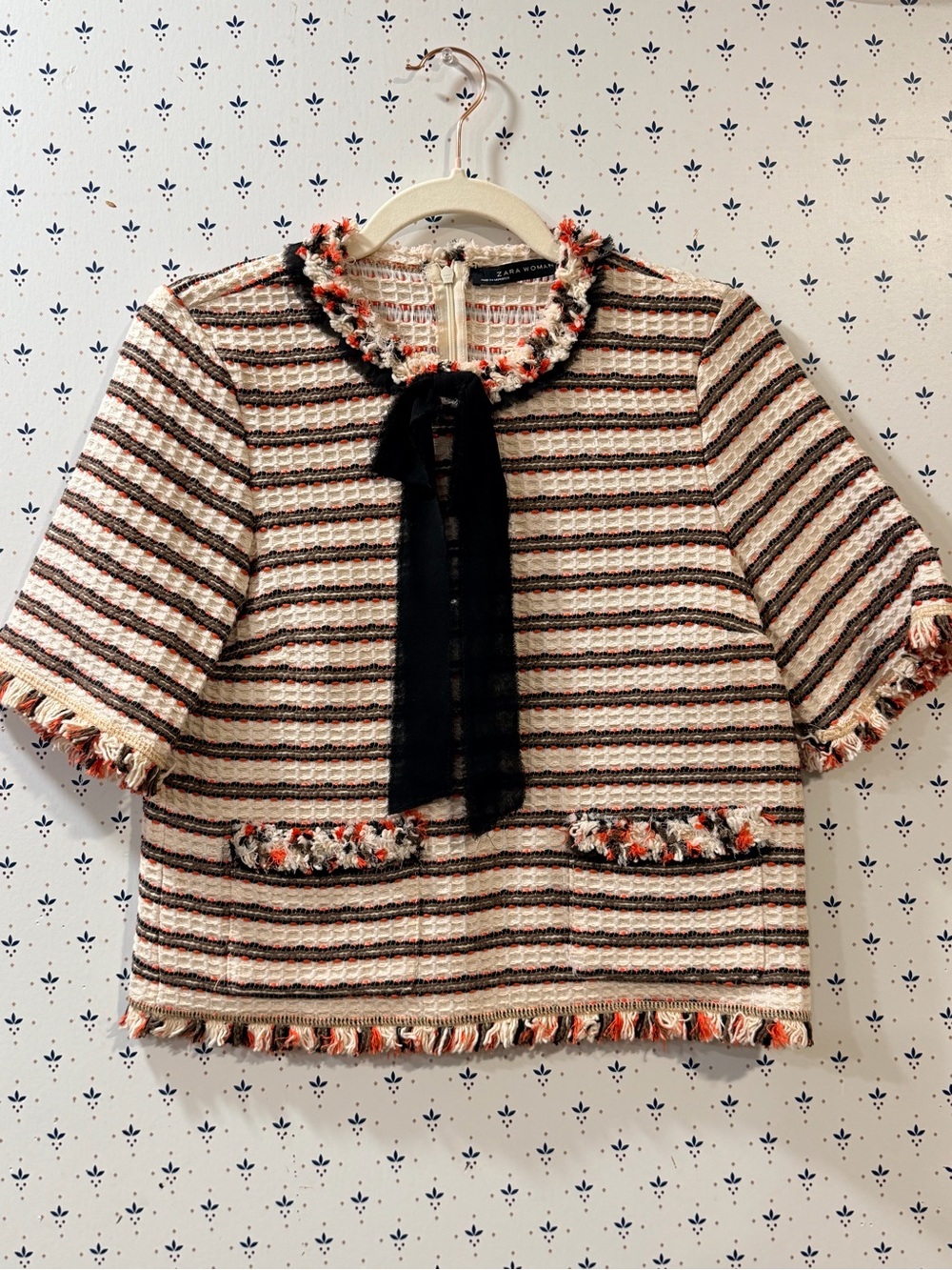 Zara Woman Retro Tweed Striped Crop Jacket-Blazer Black Bow Size S